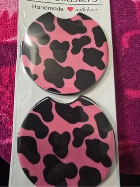 Pink & Black Cow Print Car Coasters